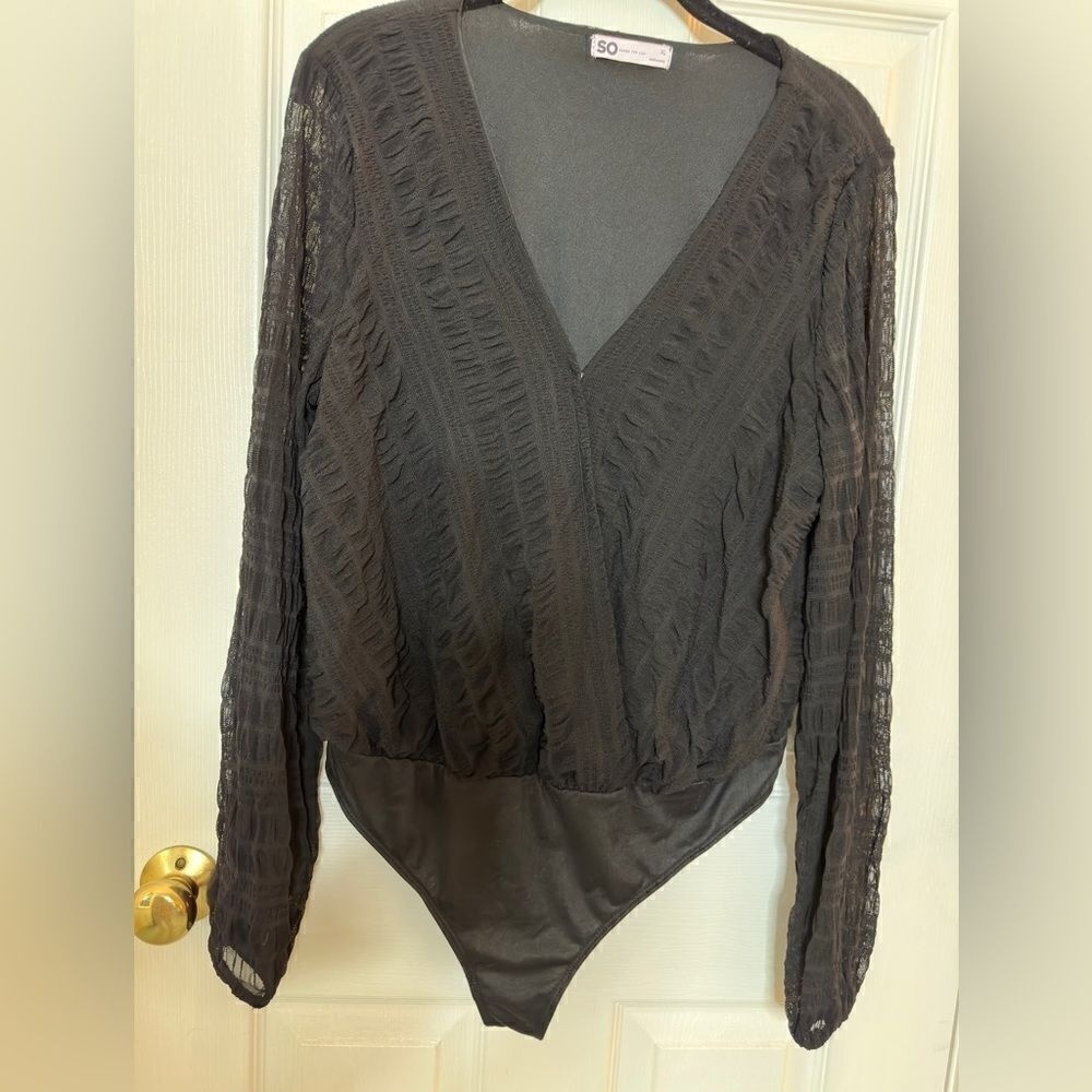 SO NWT Black Long Sleeve‎ V Neck Faux Wrap Thong Back Bodysuit - Size XL